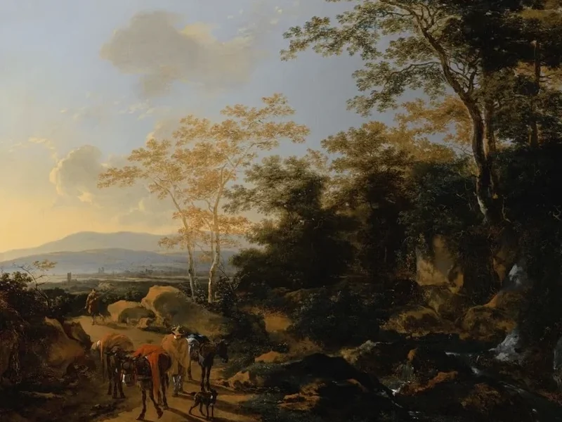 1612-Willem de Heusch - Uno scenario in stile italiano con viaggiatori e muli presso una cascata